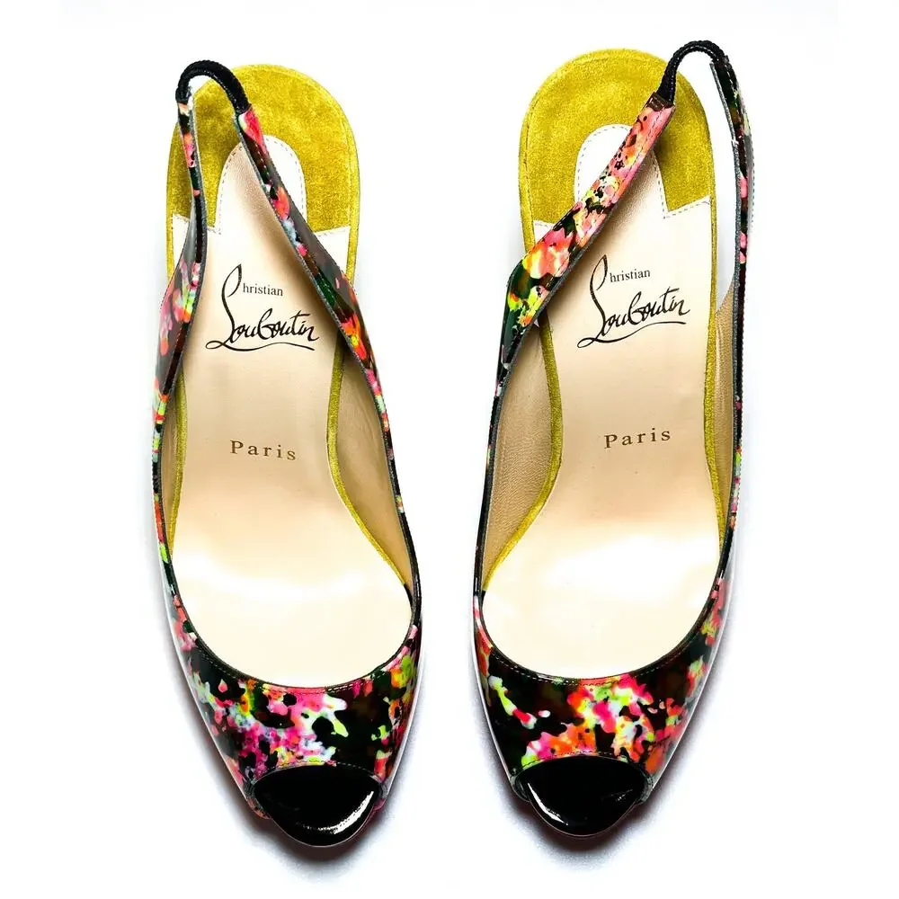 Christian Louboutin Lady Peep Sling 150 Floral Patent Platform Pumps 39.5 NIB